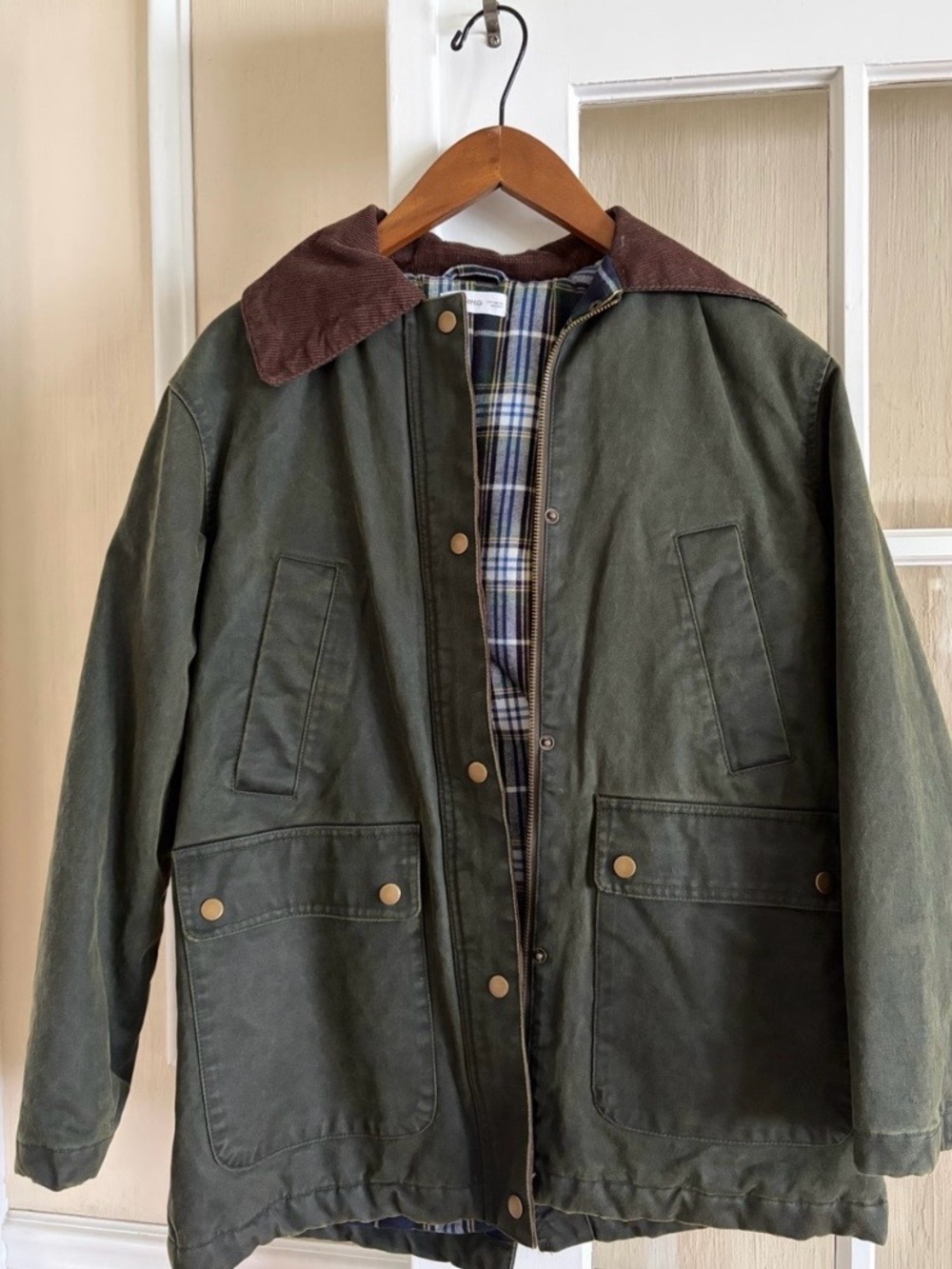 Mango Olive Green Field Jacket with Brown Corduroy Collar